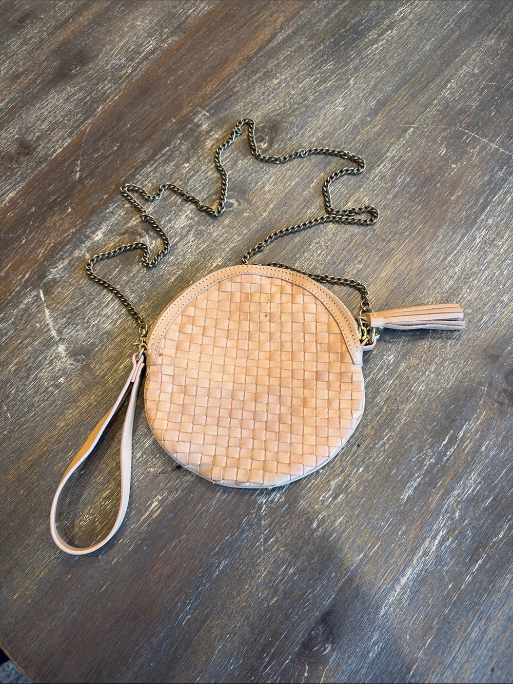 Bloom & Give Tan Woven Leather Round Crossbody Bag with Tassel